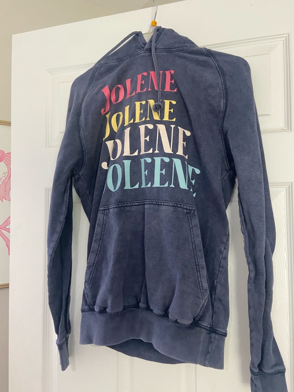 Graphic Hoodie with Multicolor 'Jolene' Text - Navy